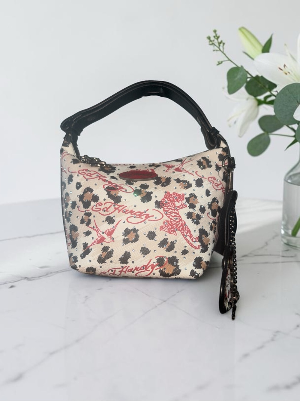 Ed Hardy Cream Leopard Print Shoulder Bag with Black Trim and Red Accents NWT